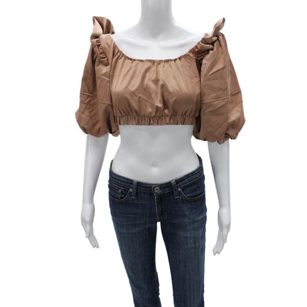 Nonchalant Label Women Cropped Off Shoulder Blouse Beige Short Sleeve Size S